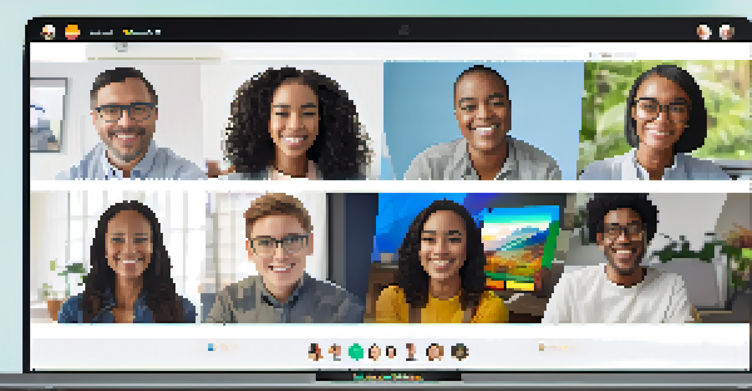 A laptop screen showing a video conferencing platform with smiling participants in a grid layout, conveying a sense of connection.