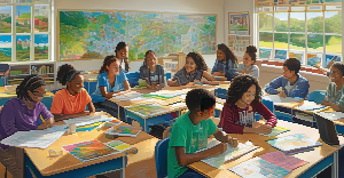 A diverse group of students in a bright classroom working together on a community project, surrounded by colorful educational posters and natural light.