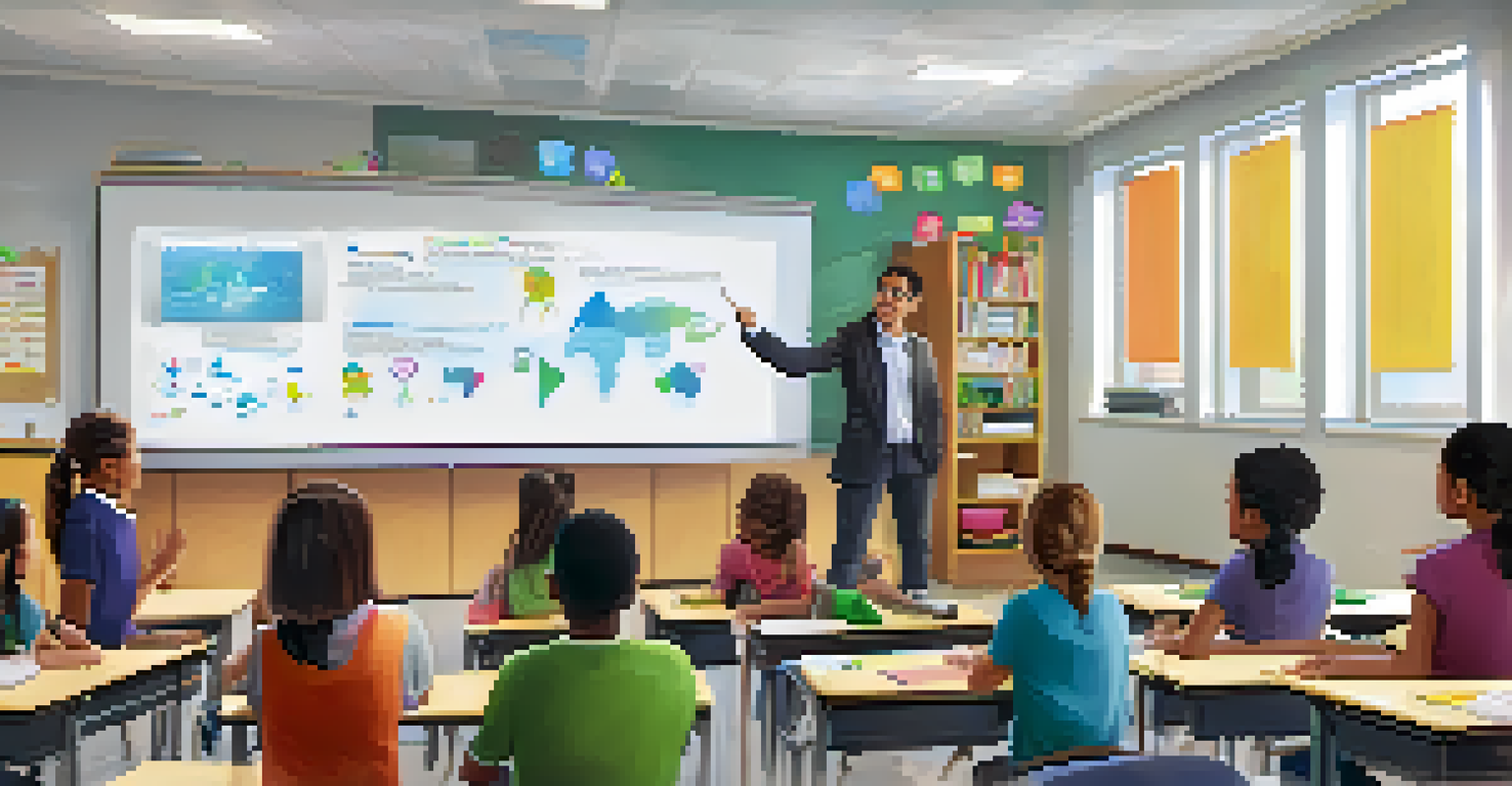 A teacher explaining digital citizenship to engaged students in a tech-equipped classroom.
