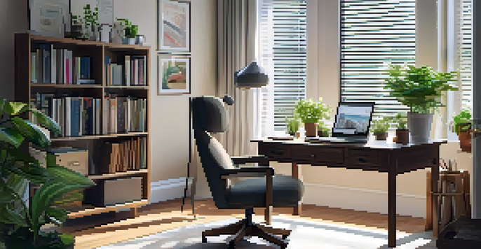 A well-organized home study space with a wooden desk, laptop, open books, and a plant, illuminated by soft natural light.