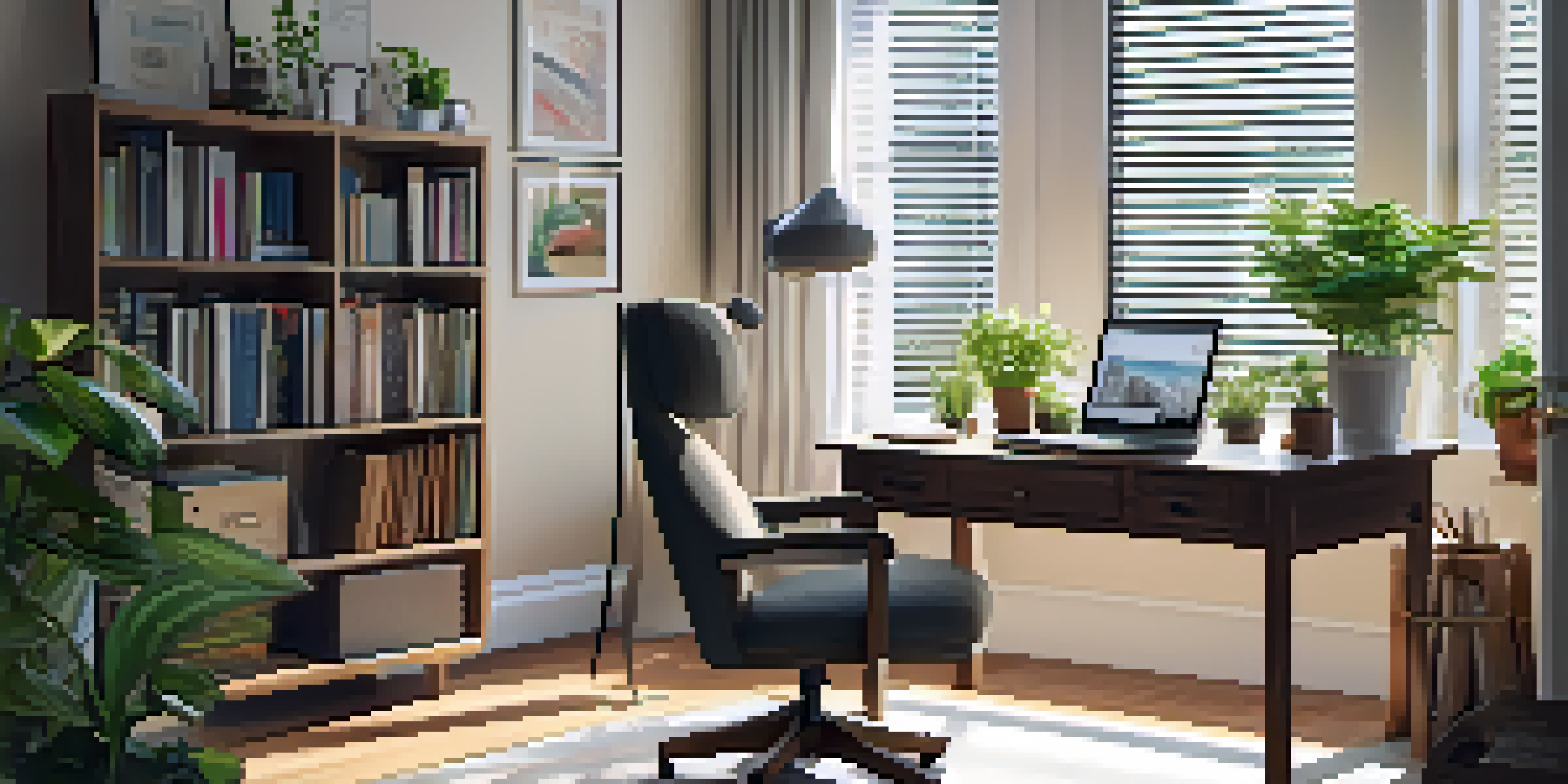 A well-organized home study space with a wooden desk, laptop, open books, and a plant, illuminated by soft natural light.