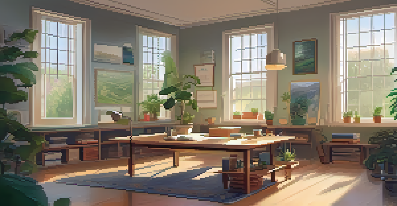 A tranquil indoor learning space with a tidy desk, calming art, warm lighting, and a cup of herbal tea.