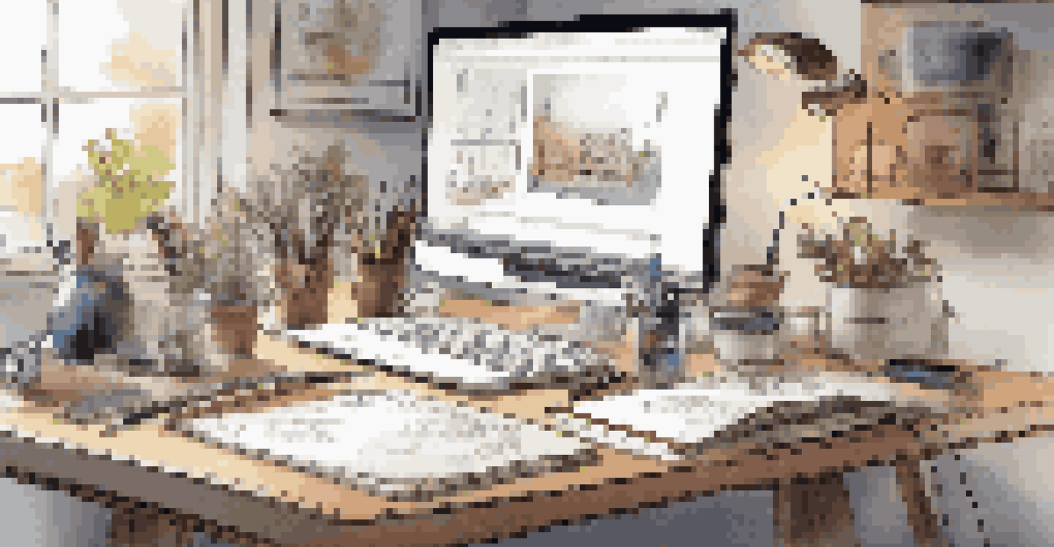 A creative workspace with design tools and a tablet showing a digital portfolio, set in a well-lit environment that encourages creativity.