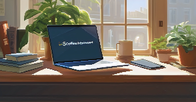 A cozy study space with a wooden desk, an open laptop showing a Learning Management System, textbooks, a coffee cup, and a potted plant under soft sunlight.