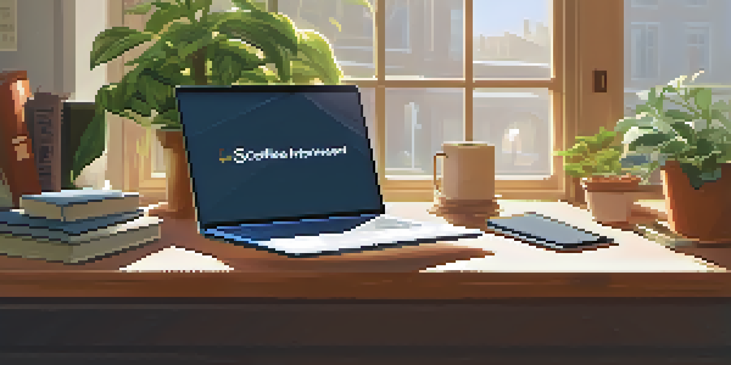 A cozy study space with a wooden desk, an open laptop showing a Learning Management System, textbooks, a coffee cup, and a potted plant under soft sunlight.