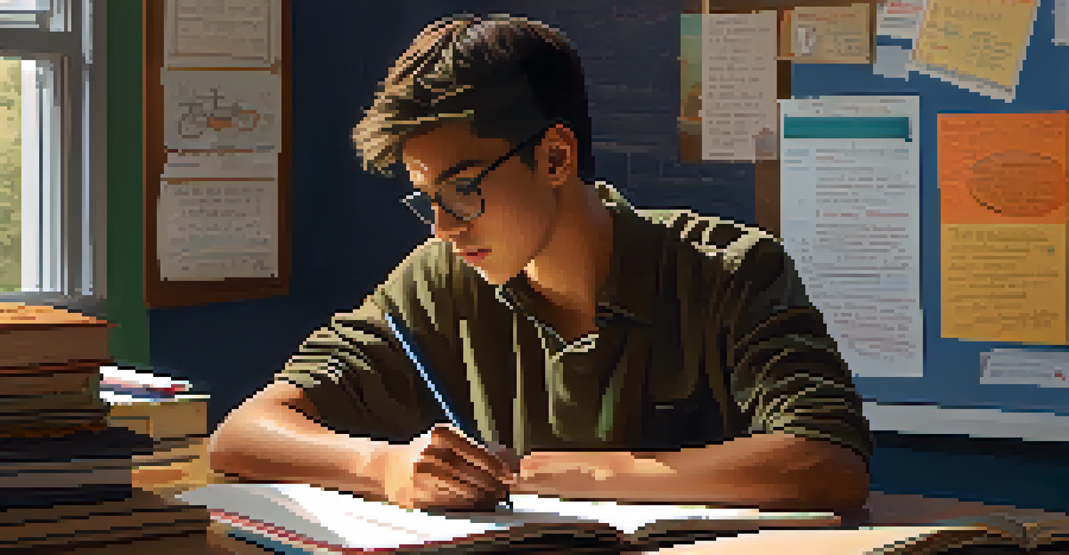 A student engaged in reflection, writing in a journal at a cluttered desk, surrounded by books and motivational quotes on the wall.