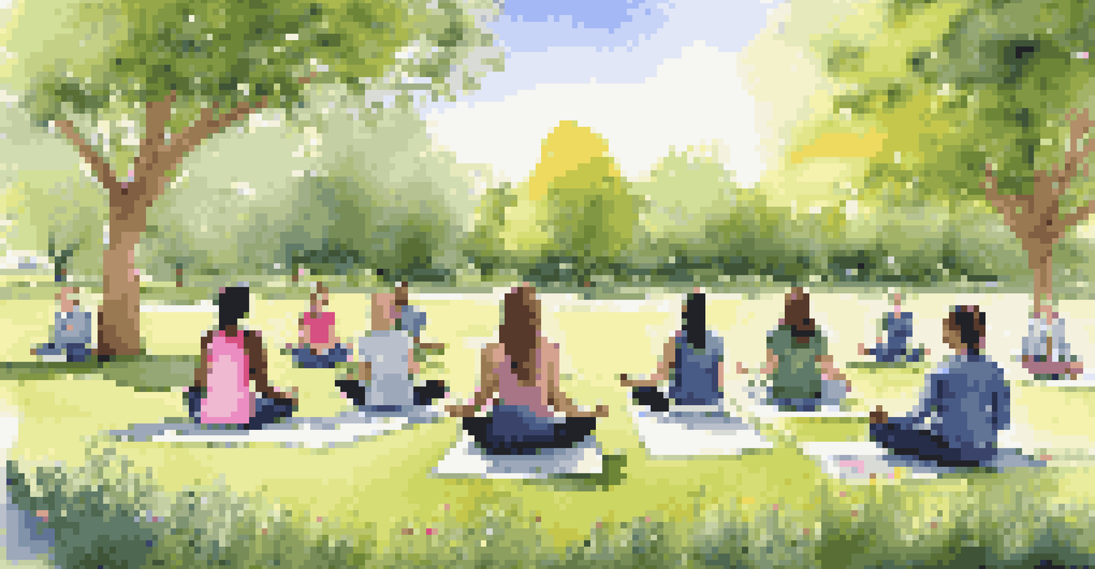 Students practicing mindfulness exercises outdoors in a sunny field, promoting stress management and community bonding.