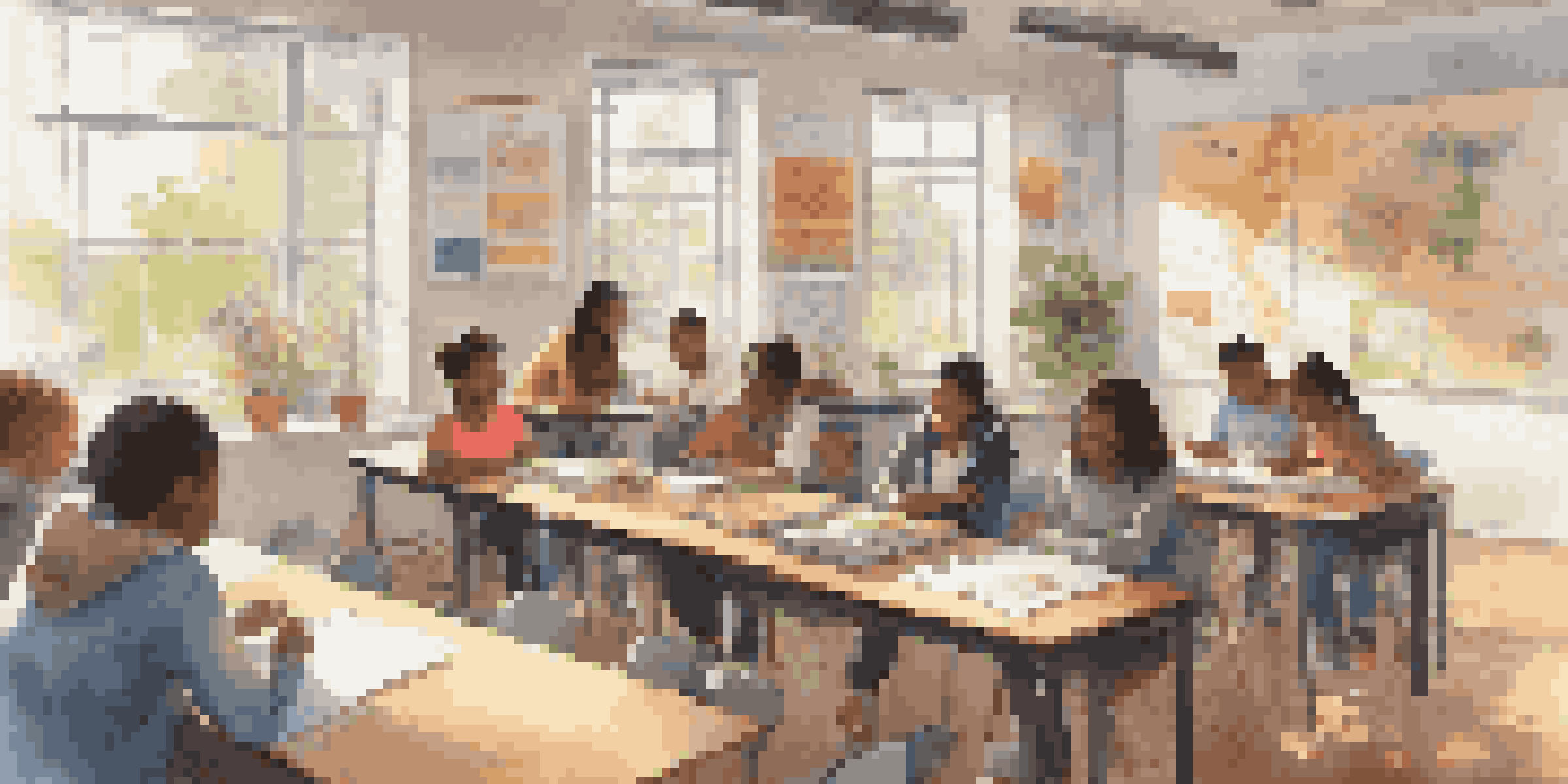 A bright classroom with students working together on a project, surrounded by educational materials and a supportive teacher.