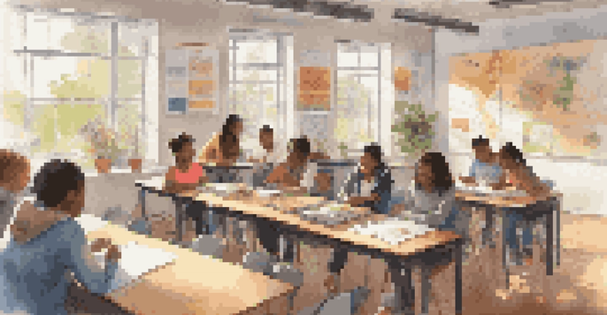 A bright classroom with students working together on a project, surrounded by educational materials and a supportive teacher.