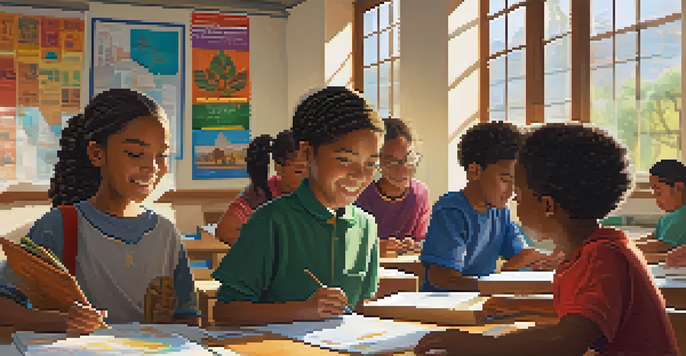 A diverse classroom with students collaborating on a project, surrounded by cultural materials and warm sunlight.