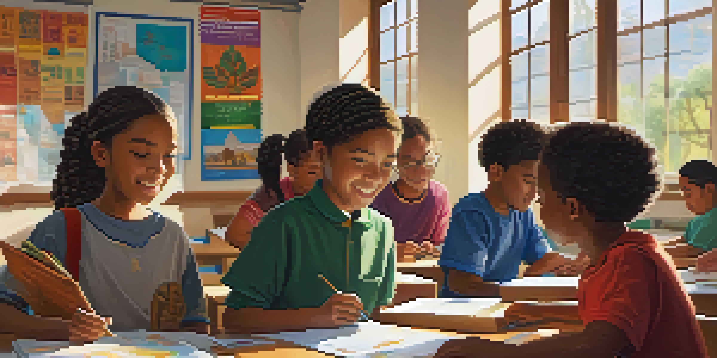 A diverse classroom with students collaborating on a project, surrounded by cultural materials and warm sunlight.
