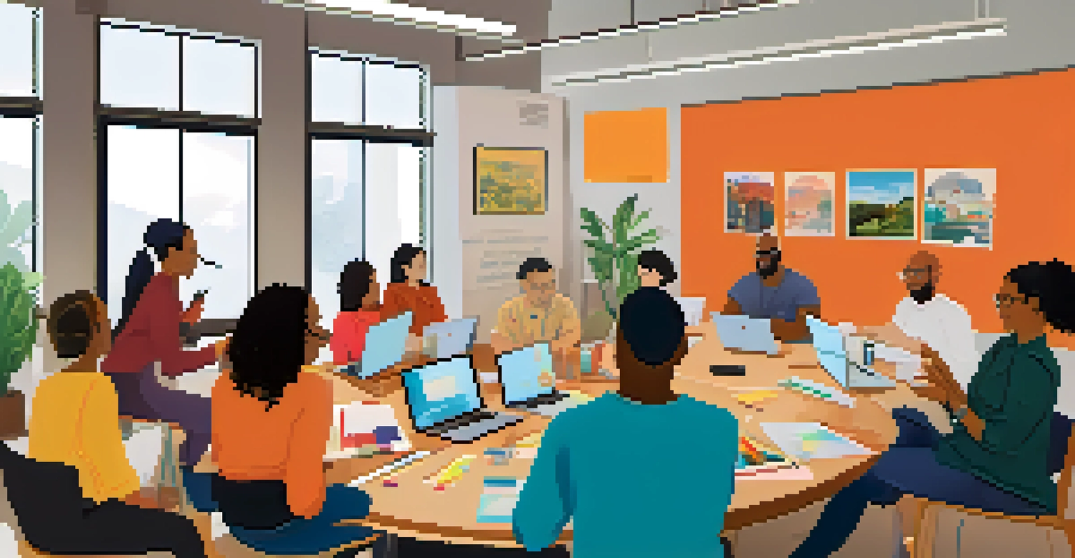 A group of diverse adults collaborating in a workshop, surrounded by modern decor and engaged in lively discussions.