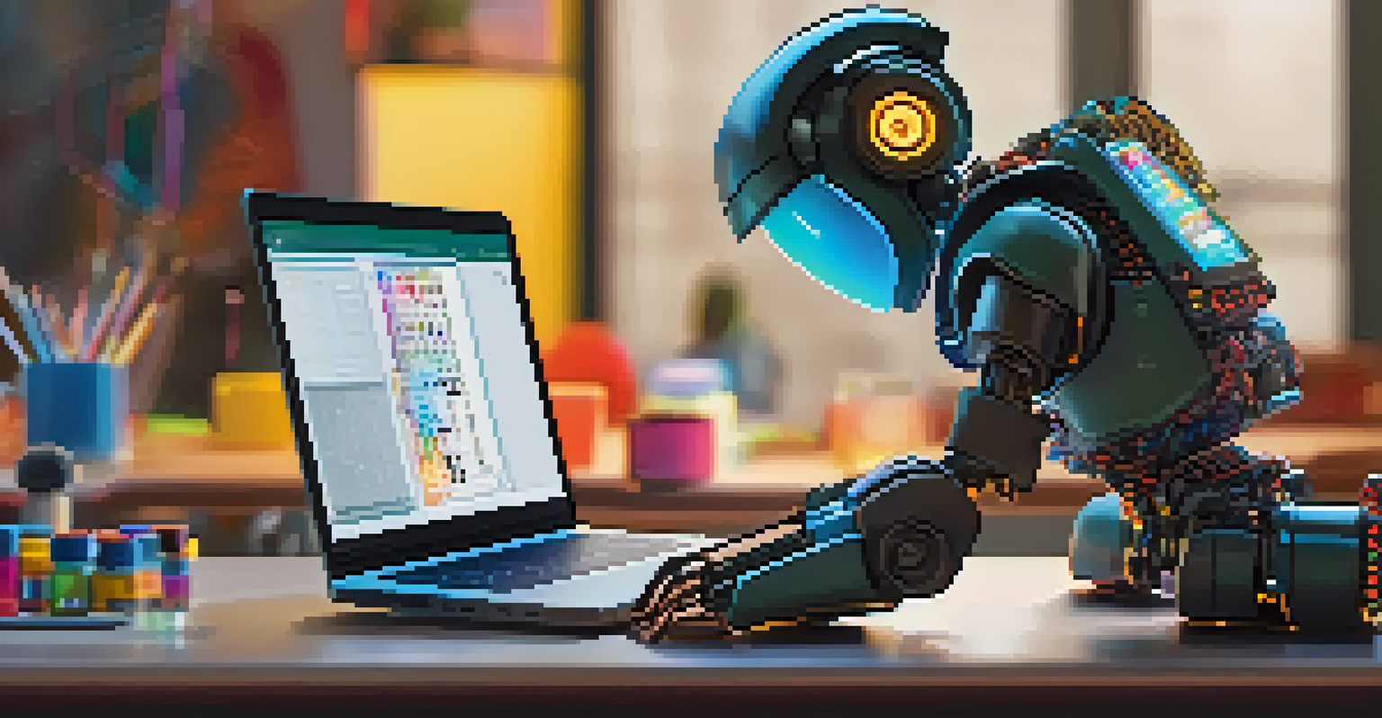 A close-up of a student programming a colorful robot on a laptop, with a warm glow from a desk lamp.