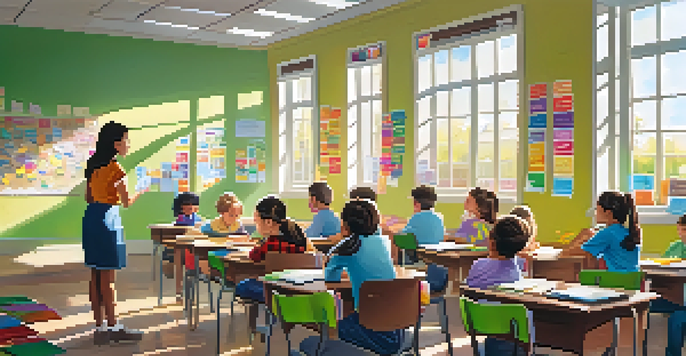 A vibrant classroom with a teacher giving praise to students, colorful stickers visible, and sunlight illuminating the space.