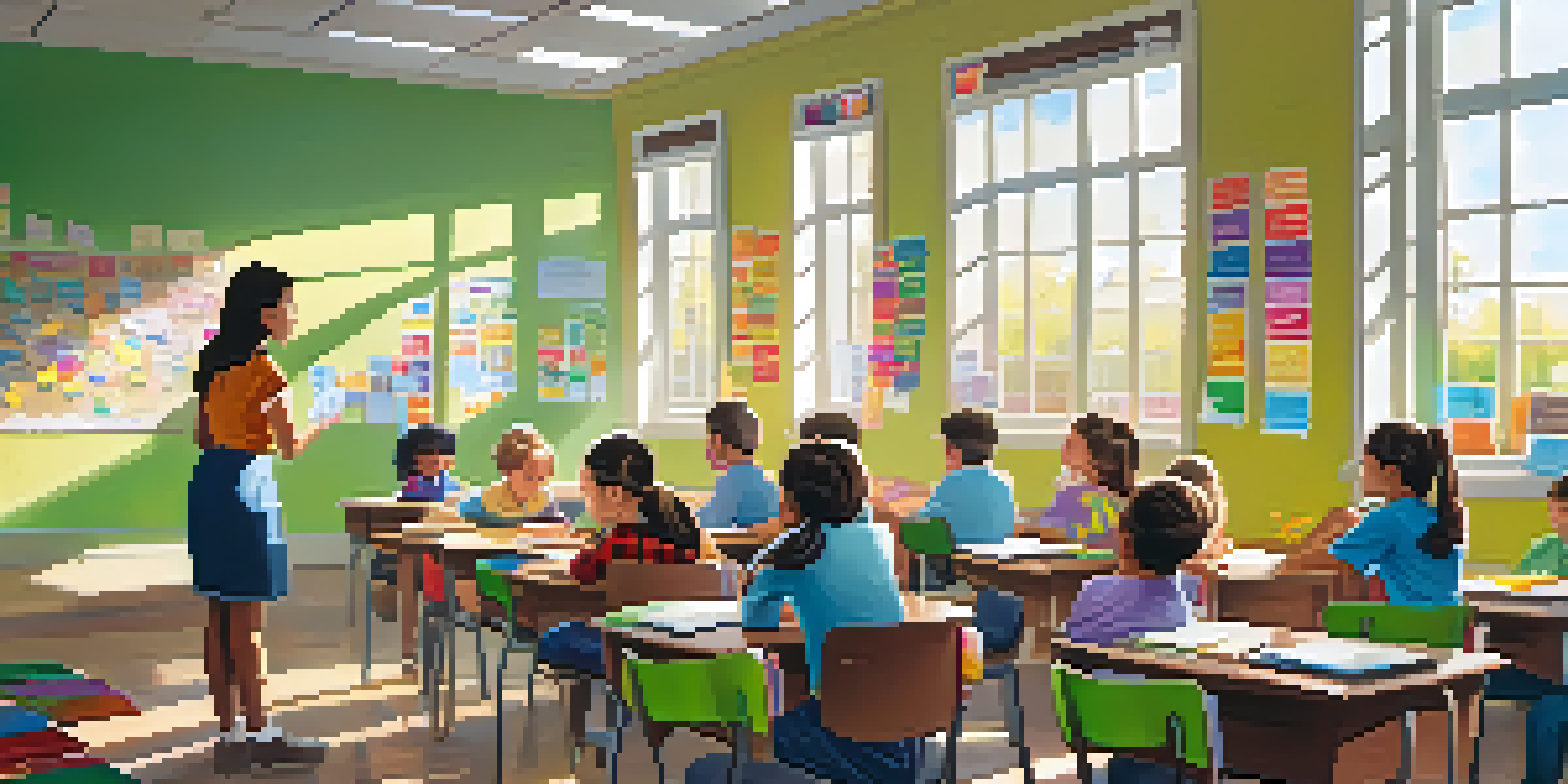 A vibrant classroom with a teacher giving praise to students, colorful stickers visible, and sunlight illuminating the space.