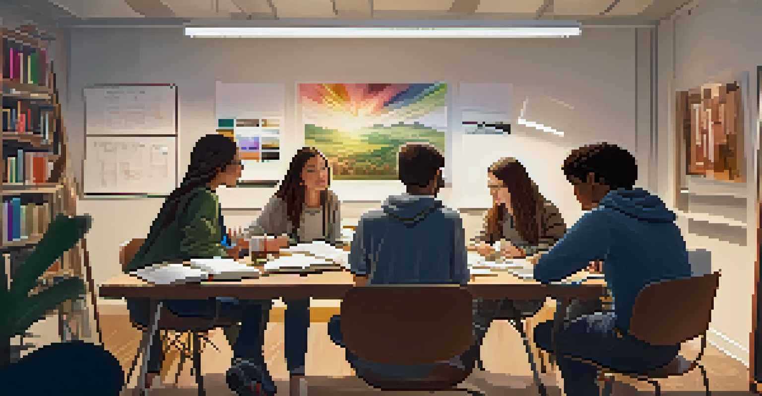 A group of students collaborating on a digital project, surrounded by books and art supplies in a cozy classroom setting.
