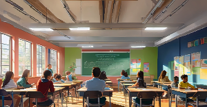 A vibrant classroom with students learning through laptops and engaging with a teacher, showcasing blended learning.