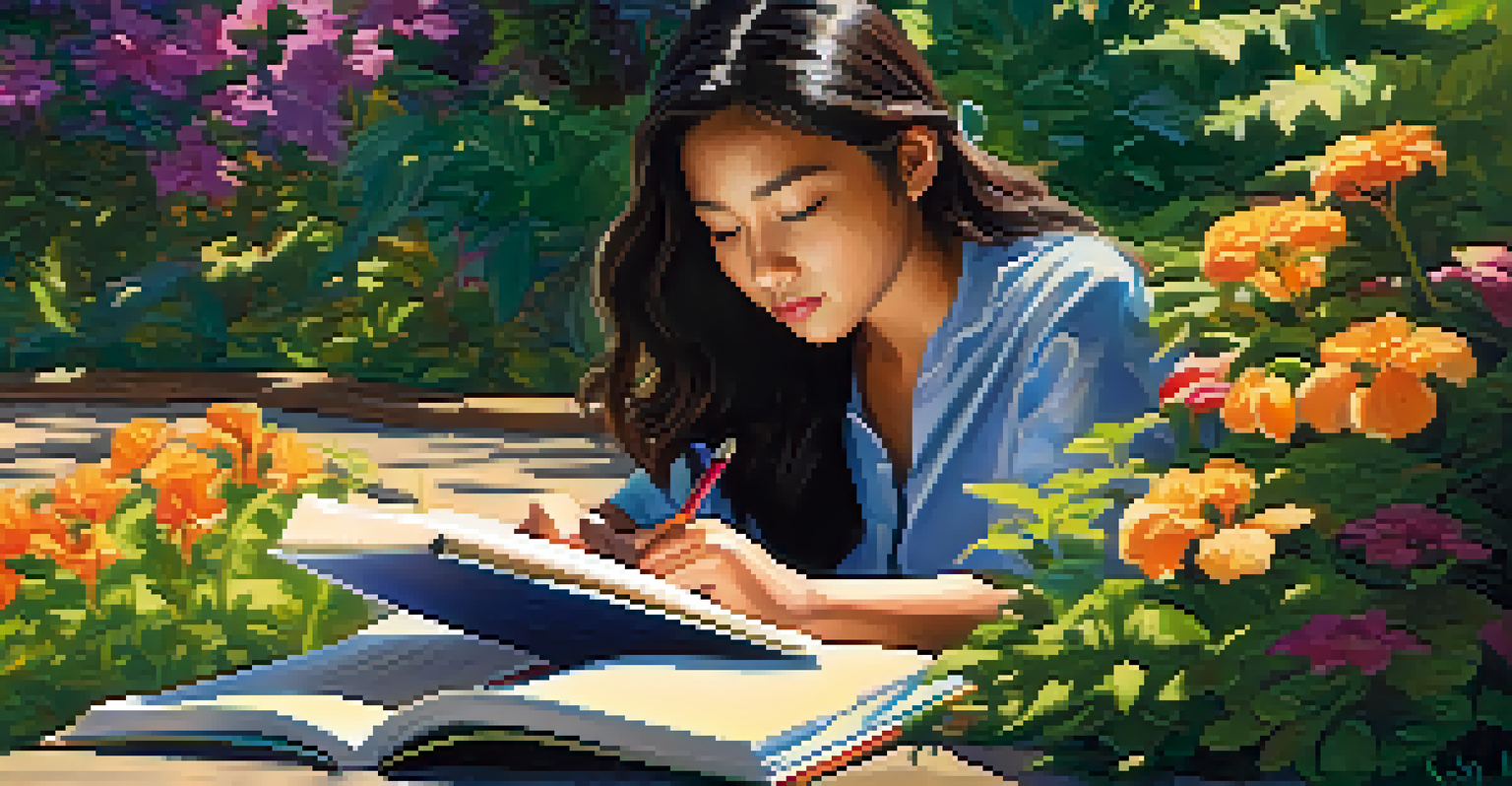 A gifted student journaling outdoors in a beautiful garden, surrounded by green plants and colorful flowers.