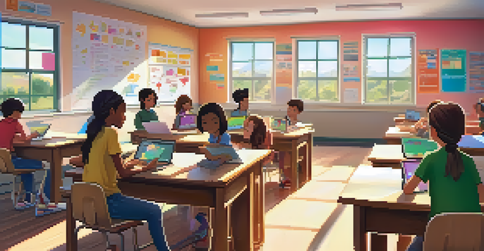 A teacher interacts with students in a bright classroom, using a digital tablet while students work on laptops, surrounded by educational posters and a whiteboard.