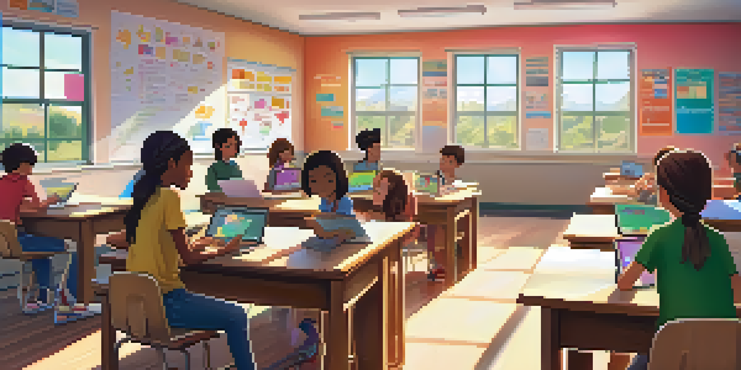 A teacher interacts with students in a bright classroom, using a digital tablet while students work on laptops, surrounded by educational posters and a whiteboard.