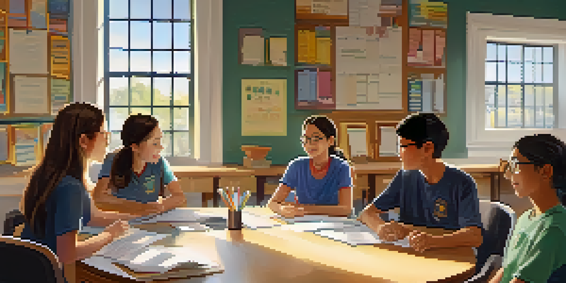 A diverse group of students sitting in a bright classroom, engaging in a mentoring session with a smiling mentor who is listening attentively.