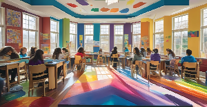 Students actively working together on a colorful mural in a bright classroom filled with art supplies.