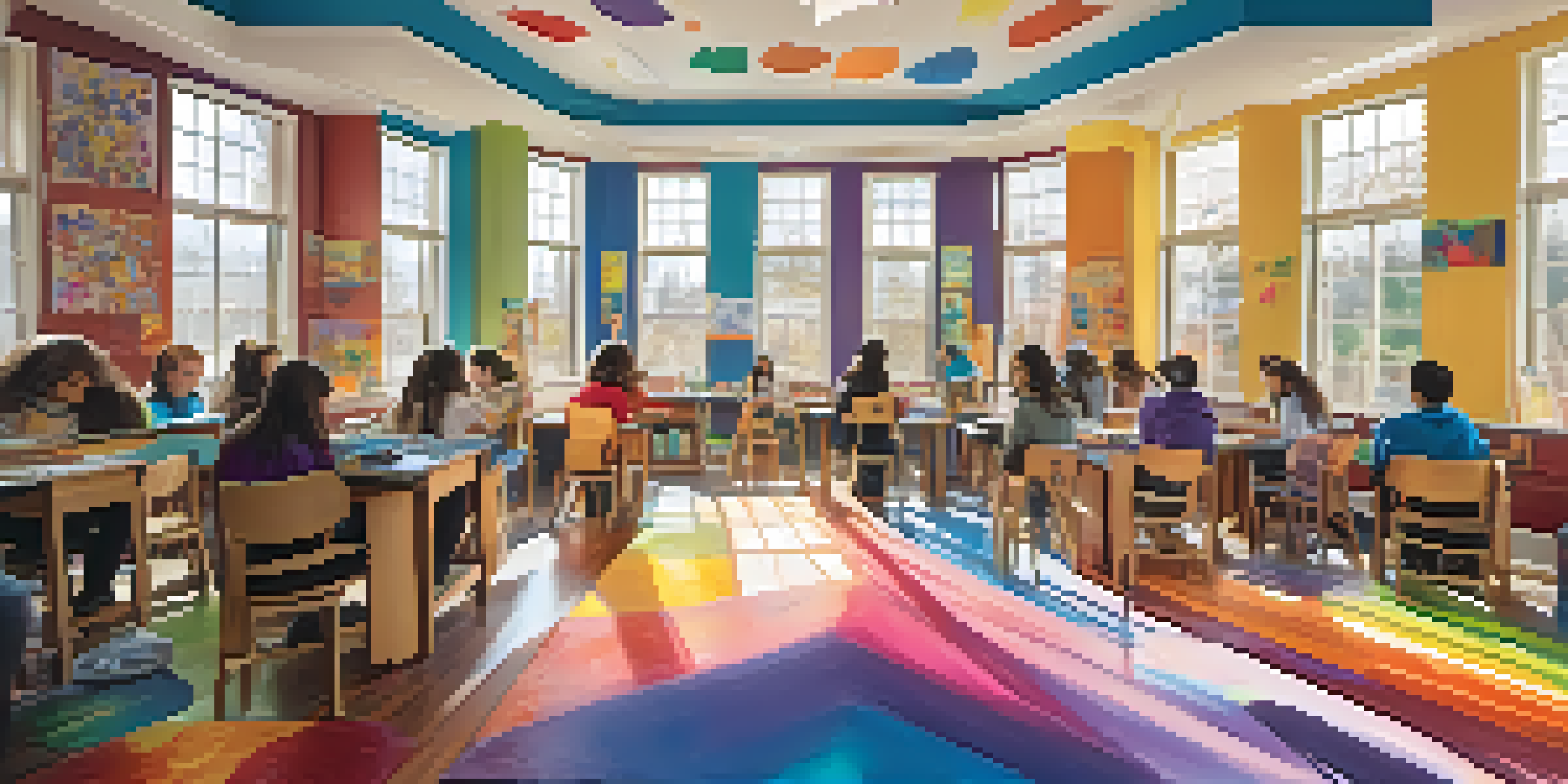 Students actively working together on a colorful mural in a bright classroom filled with art supplies.
