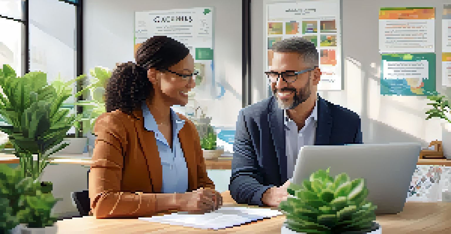 An adult educator and a learner engaged in a one-on-one coaching session in a bright office, with personalized materials on the desk.