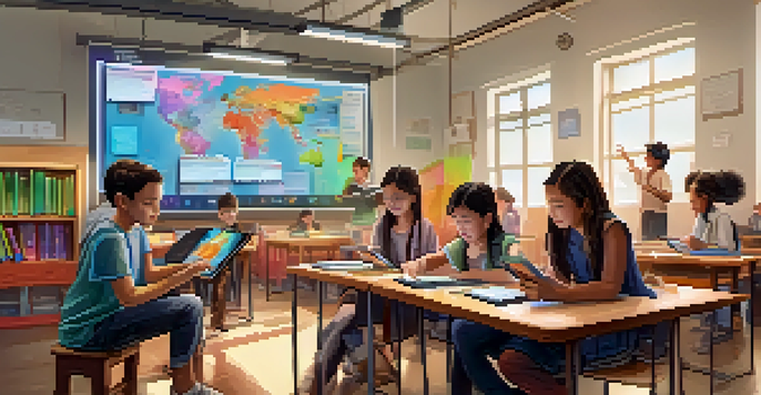 A classroom filled with students using tablets to engage with augmented reality content, showcasing a vibrant learning environment.