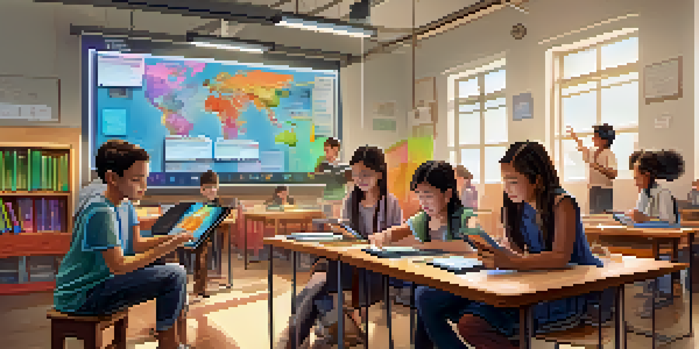 A classroom filled with students using tablets to engage with augmented reality content, showcasing a vibrant learning environment.
