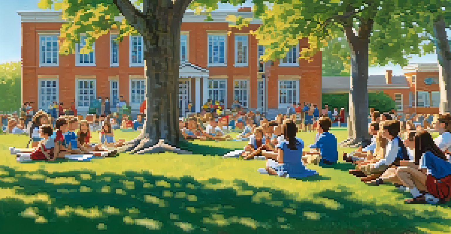 A teacher telling a funny story to students sitting on the grass in an outdoor school setting.