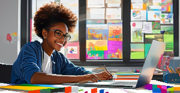 A happy student at a desk with a laptop showcasing a digital portfolio, surrounded by colorful artworks and projects in a bright room.