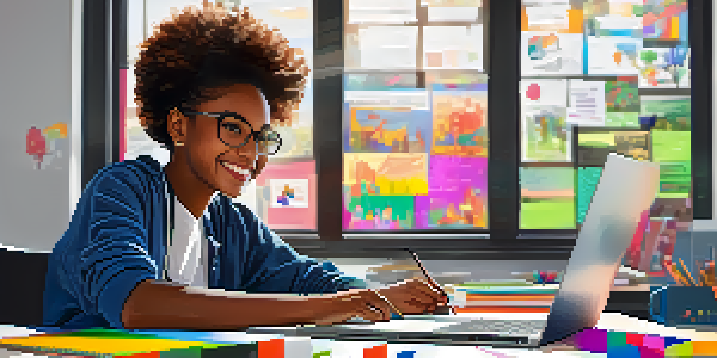 A happy student at a desk with a laptop showcasing a digital portfolio, surrounded by colorful artworks and projects in a bright room.
