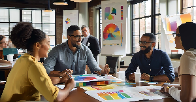 A diverse group of professionals discussing community engagement with charts and materials on a table in a brightly lit room.