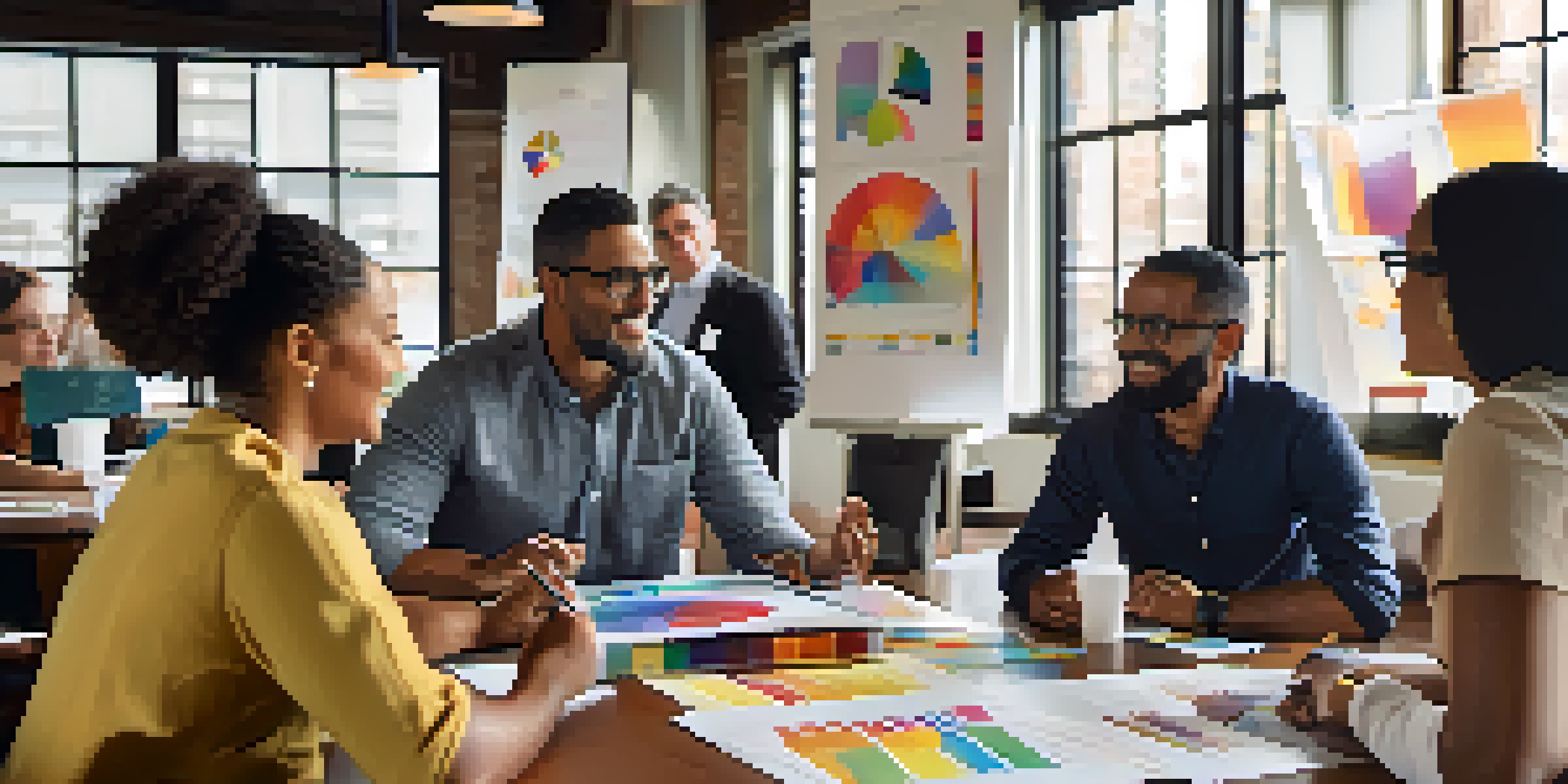 A diverse group of professionals discussing community engagement with charts and materials on a table in a brightly lit room.