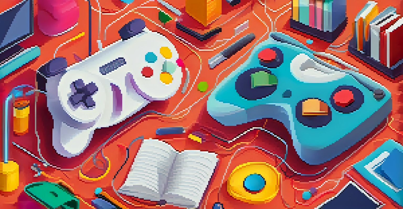 An abstract design showcasing gamification in education with colorful elements like game controllers and books merging with digital icons.