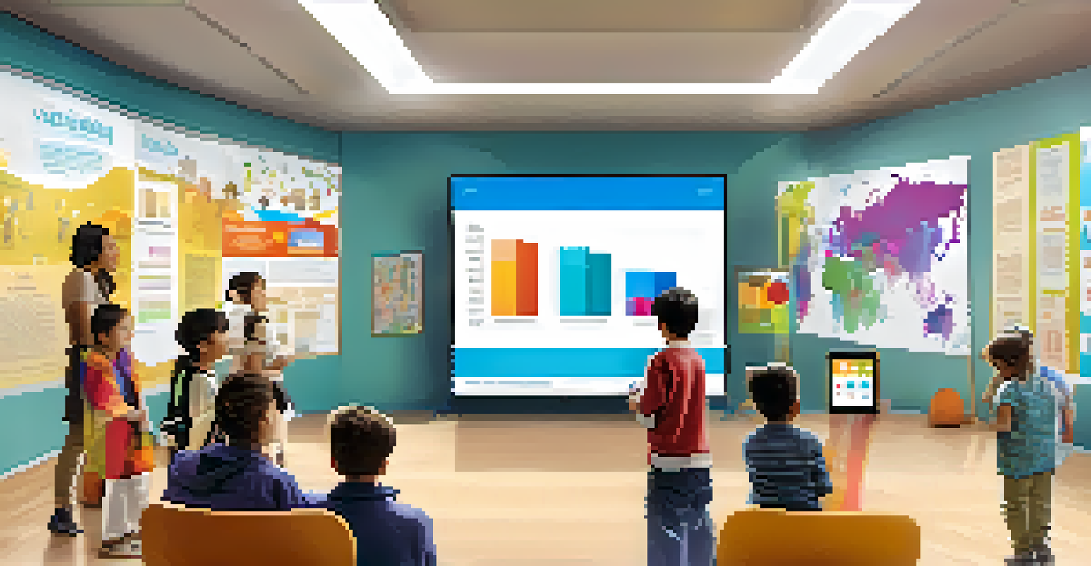 A community center filled with people learning together using technology, with a large screen showing educational materials.