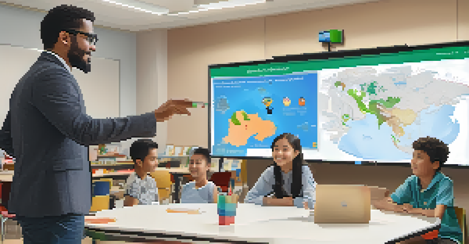 An educator interacting with students from various cultures in an online classroom, with cultural symbols displayed on a digital whiteboard.