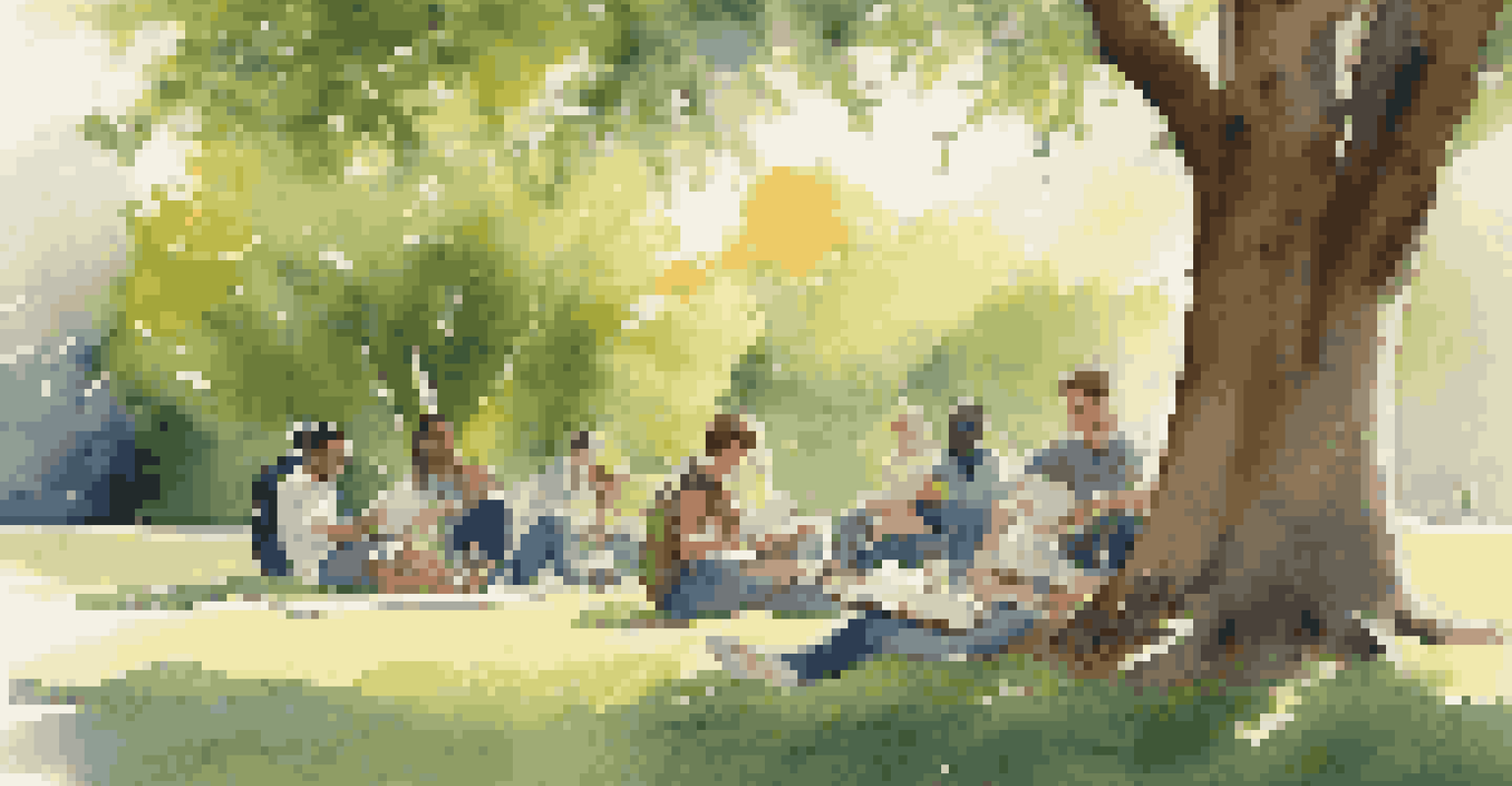 A student relaxing on a grassy lawn, reading a book under a tree, with a backpack nearby and other students studying in the background.