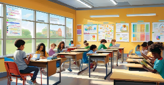 A modern classroom with students using mobile devices, showcasing diversity and engagement in learning.