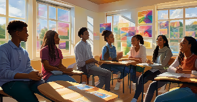 A colorful classroom with diverse students actively participating in a group discussion, surrounded by inclusive posters and warm sunlight.