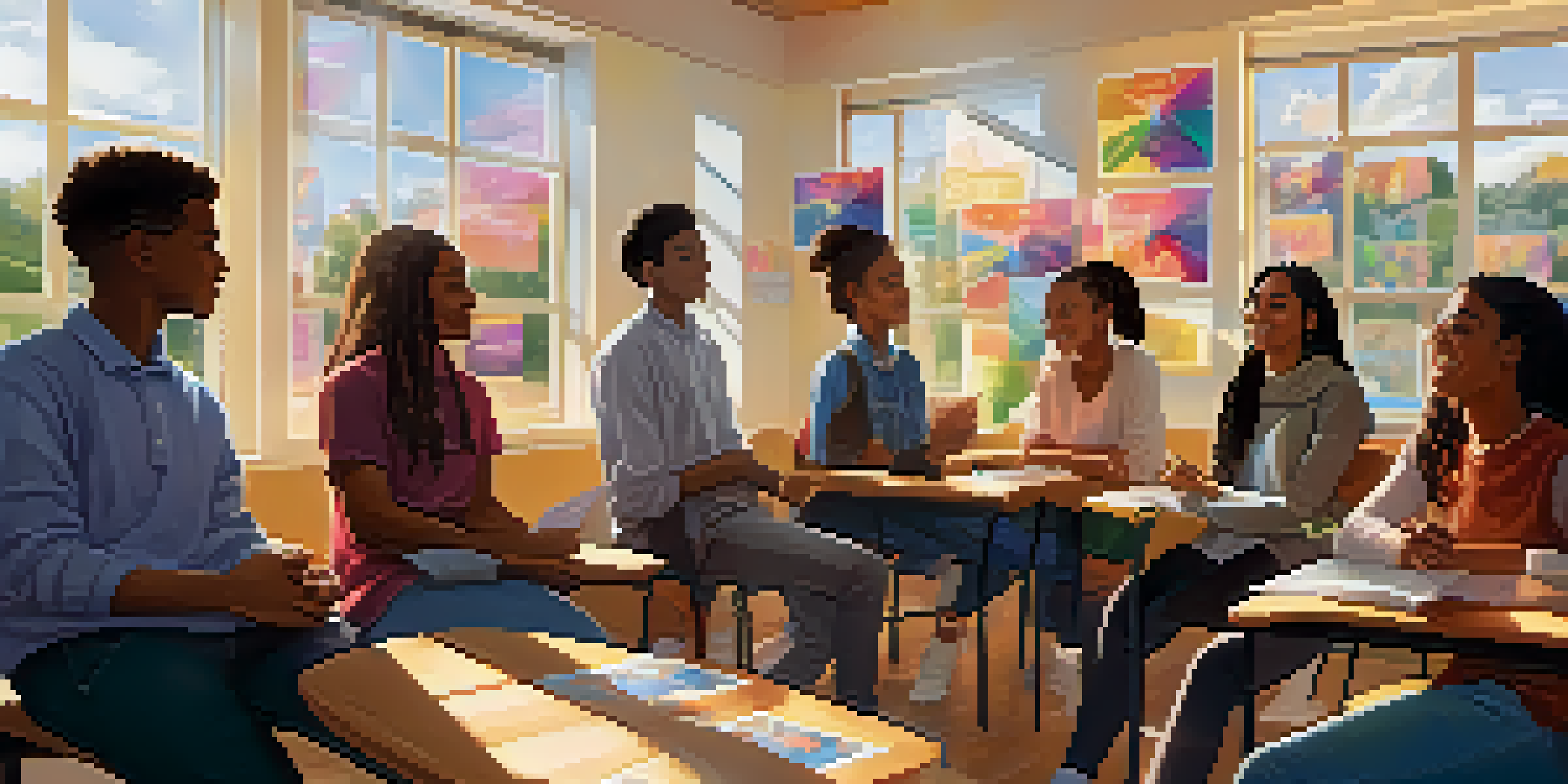 A colorful classroom with diverse students actively participating in a group discussion, surrounded by inclusive posters and warm sunlight.