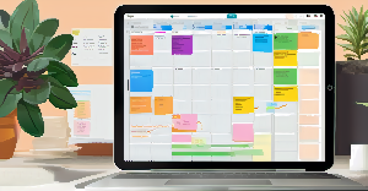 An overhead view of a tablet displaying a task management app with a colorful Kanban board.