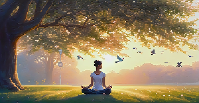 A person sitting cross-legged in a park during sunrise, practicing mindful breathing amidst flowers and trees.