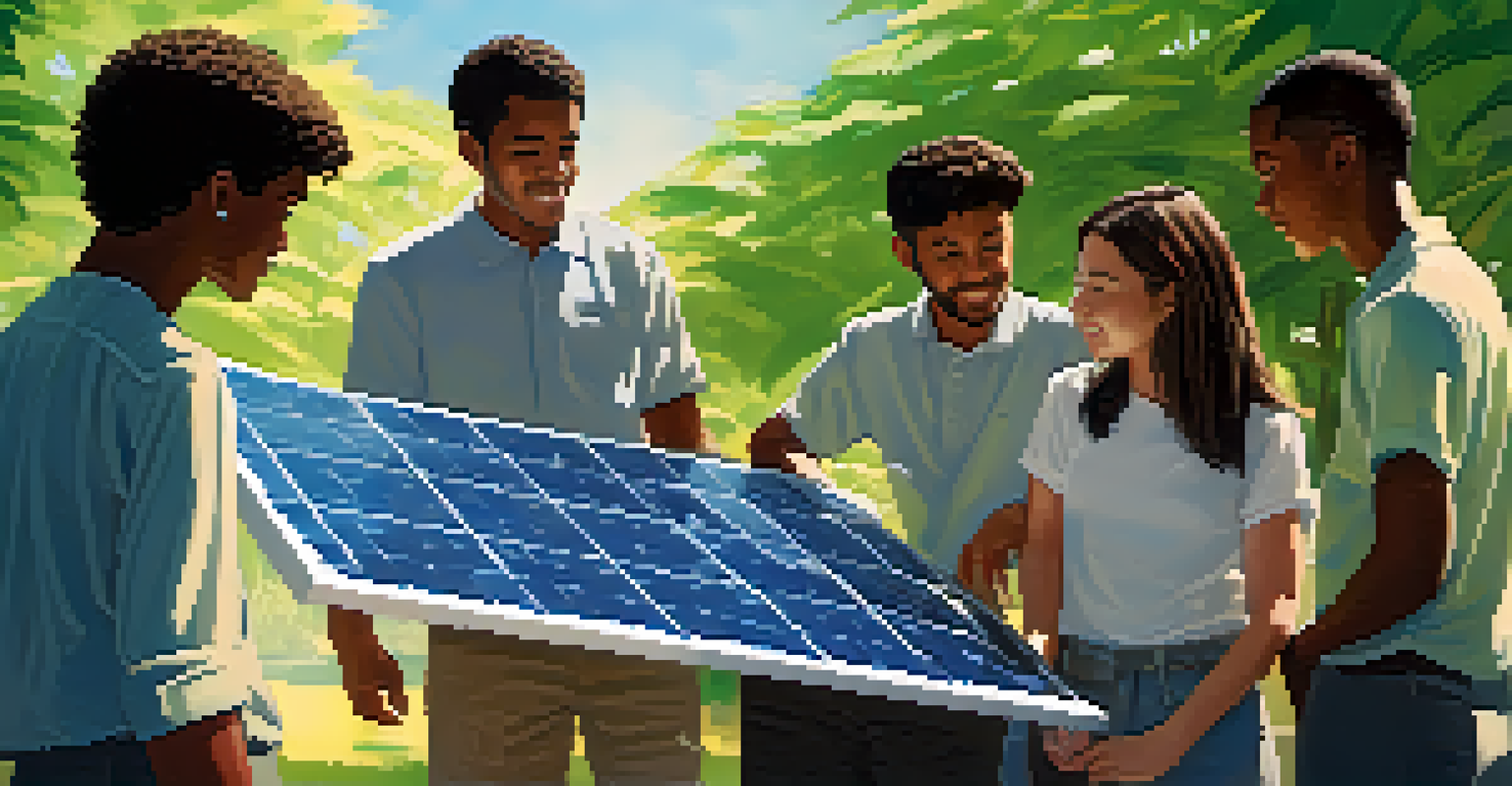 Students outdoors collaborating on a sustainable energy project, examining a solar panel model with greenery and blue sky in the background.