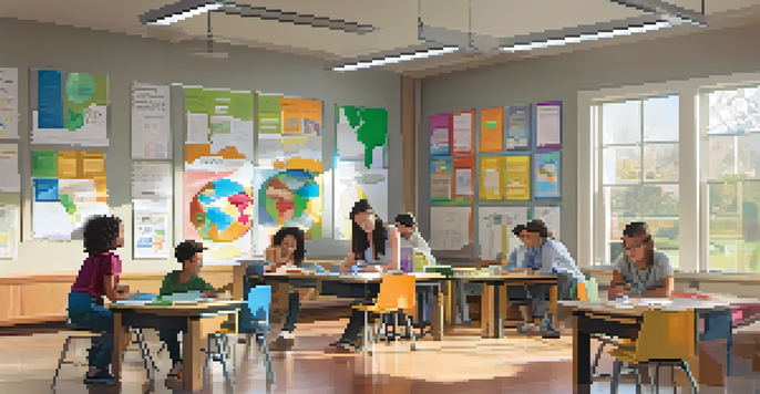 A bright classroom filled with diverse students engaged in peer teaching activities, with colorful charts and educational posters on the walls.