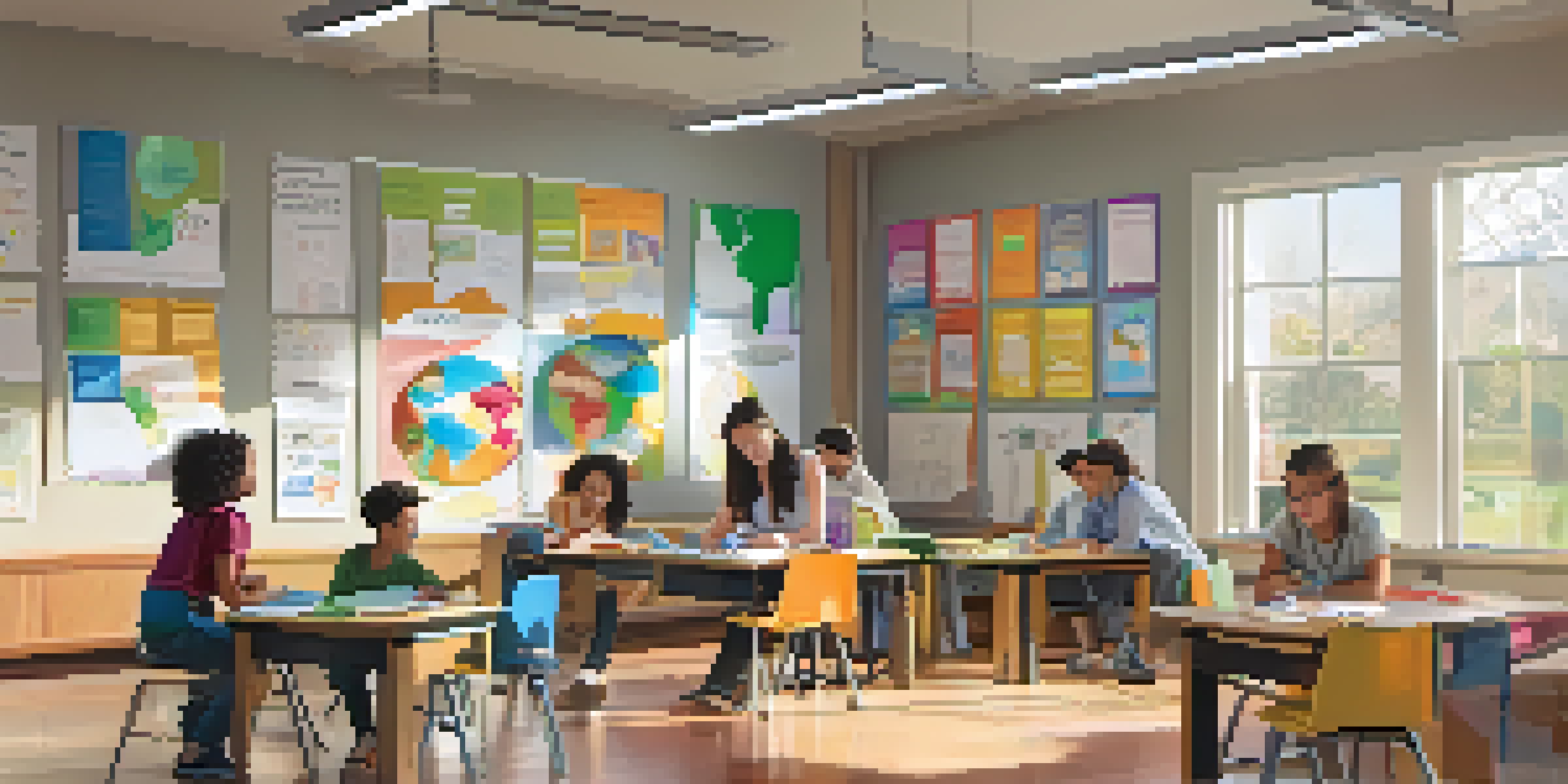 A bright classroom filled with diverse students engaged in peer teaching activities, with colorful charts and educational posters on the walls.