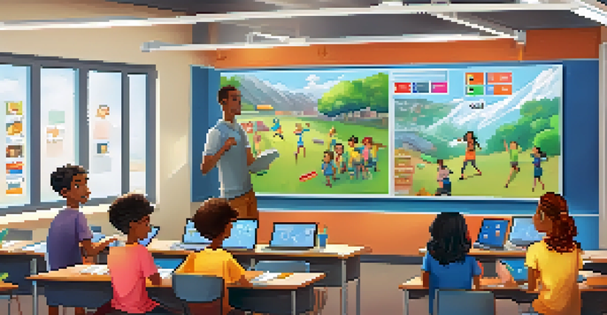 A lively classroom with diverse students actively participating in a gamified learning activity using tablets and laptops, with a teacher encouraging collaboration.