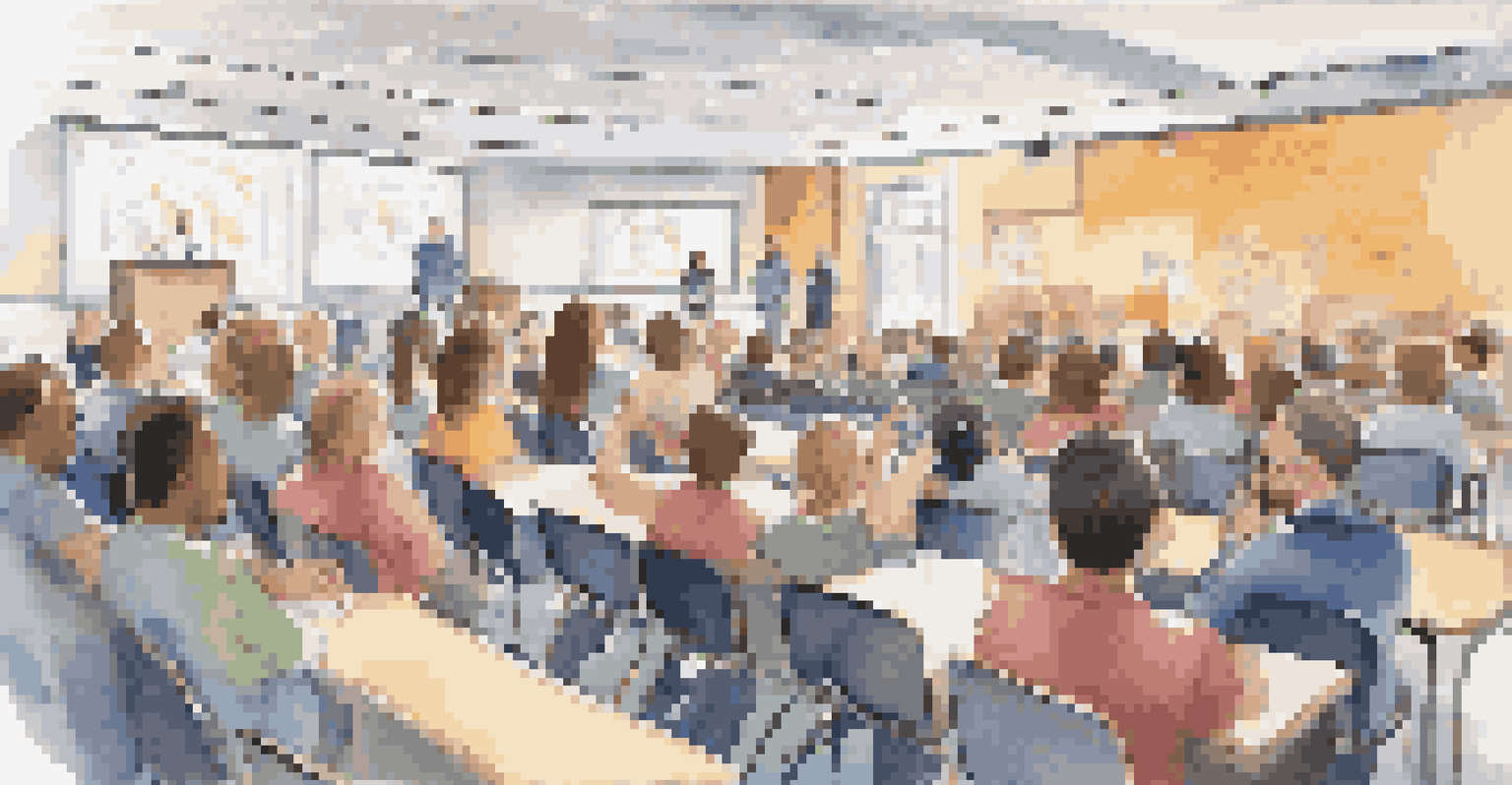 Parents and teachers in a school auditorium discussing transportation safety during a meeting, with charts and presentation materials visible.