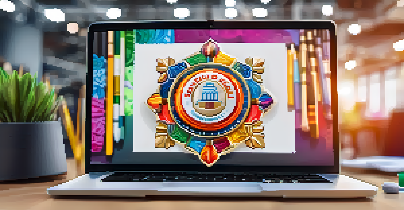 A close-up of a colorful digital badge on a laptop screen representing online course achievement.